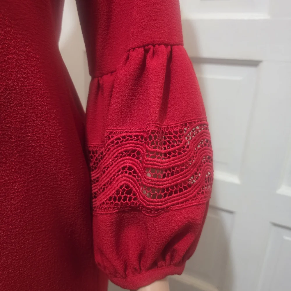 Karl Lagerfeld Red Long Sleeve Shift Dress with Lace-Trim Sleeves - Picture 5 of 8